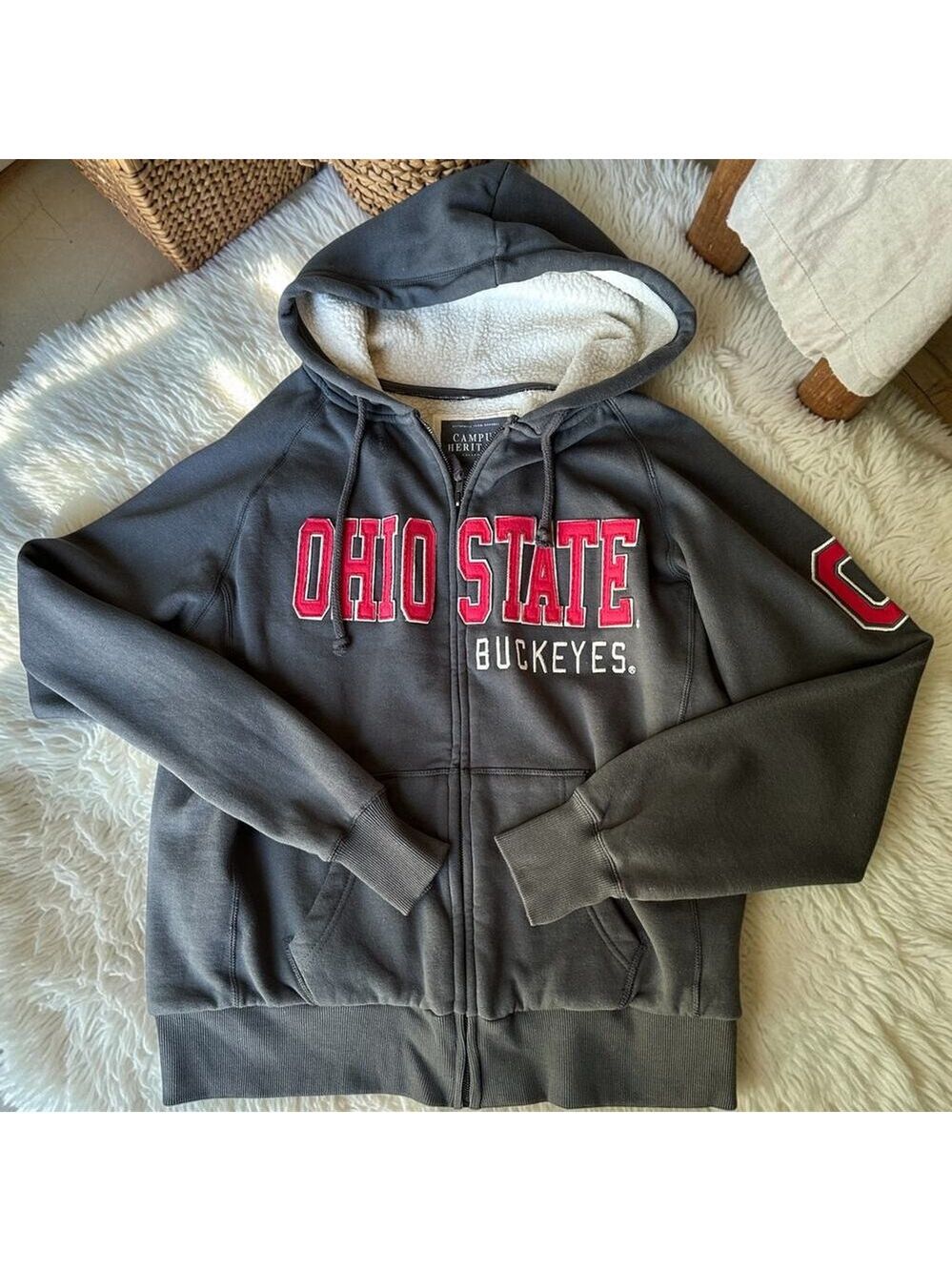 Ohio State Buckeyes Hoodie Jacket L Collegiate Full Zip Sherpa Lined Gray Red